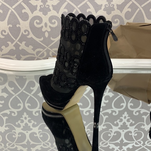 Peep Toe Mesh and Crystal Detail Platform Stiletto High Heel Velvet Ankle Boot - Picture 3 of 8